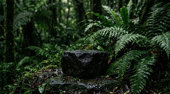 Minimalist 3D raw dark basalt rock podium with dark green fern