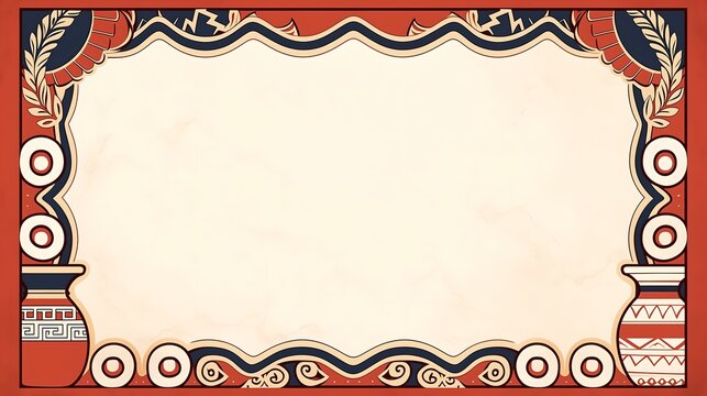 Greek terracotta navy frame with amphora vases, laurel branches and meander border, blank template for Mediterranean menu, restaurant signage, travel brochure.