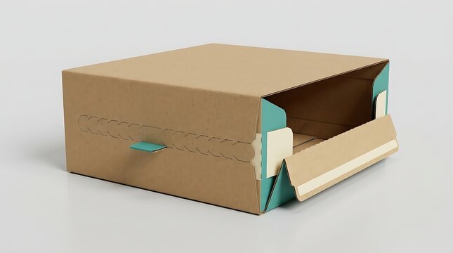 A square brown cardboard box with teal side accents and a perforated tear strip for opening on a plain light gray studio background surface