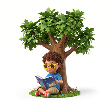 A happy boy wearing star glasses reads a book under a tree