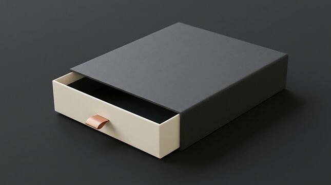 Dark grey sliding drawer box with a beige inner tray and a small copper fabric pull tab isolated on a dark grey background, surface view