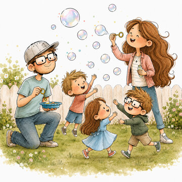 Cartoon adults and children blowing bubbles together in sunny garden