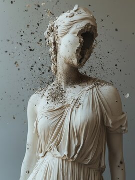 Greek goddess marble sculpture with crumbling face, draped chiton, neutral light, antiquity ruin ideal for heritage campaigns and mythology books,Homer epic Greek Rome style