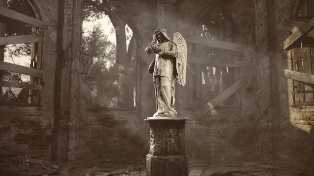 Weathered seraph statue bathed in sunlight, pedestal surrounded by rubble and faded fresco, warm sepia tones and dust motes in beam, echoing chapel nave