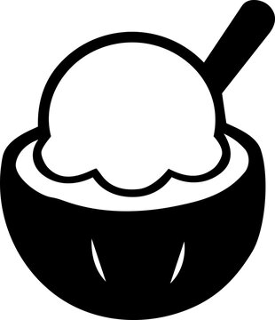 Coconut ice cream scoop served in a shell for World Coconut Day minimalist black and white vector illustration