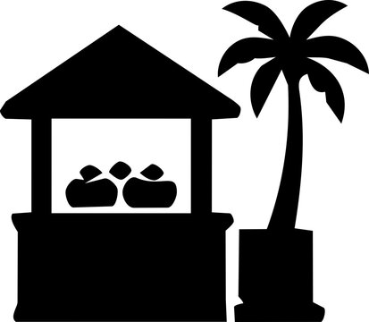 World Coconut Day flat black silhouette icon of tropical market stand with palm tree for summer celebration