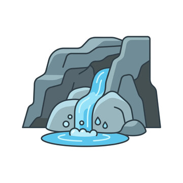 Flat Vector Illustration of a Stylized Waterfall Flowing Over Rocks Into a Pool