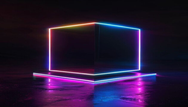 Neon-lit transparent cuboid with gradient base neon cube