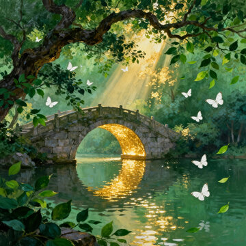 Sunbeam Through Forest, Ancient Stone Arch‑Bridge Over Sparkling Lake With White Butterflies, Oil‑Painting