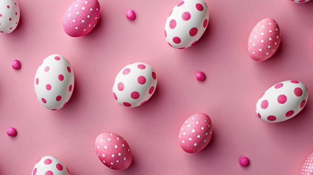 Pink Polka Dot Easter Eggs: A festive arrangement of pink and white Easter eggs adorned with cheerful polka dots, scattered across a soft pink backdrop.
