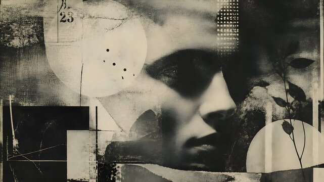 Abstract grunge collage portrait artwork featuring monochrome vintage textures geometric patterns and botanical elements, portrait