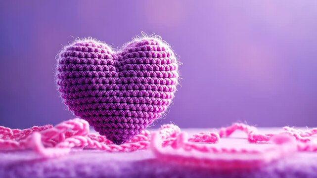 Crocheted Heart of Amethyst: A intricately crocheted heart in a rich amethyst hue, nestled amidst soft, flowing yarn, evokes feelings of love, warmth, and handmade charm.