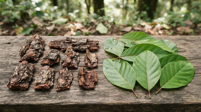 A close-up view of flame-cinchona bark pieces arranged beside fresh green leaves on a rustic wooden table set in a lush forest environment for study