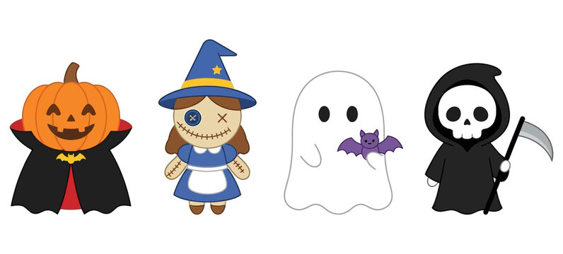 cute halloween character icons group with ghost witch vampire and frankenstein for holiday design vector art