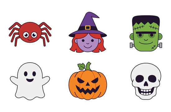 halloween spooky character face icons set featuring frankenstein witch vampire and skull vector art design graphic