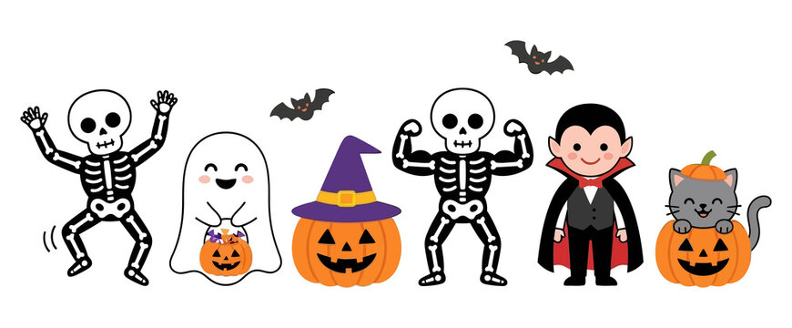 halloween cute monster parade character line featuring friendly spooky creatures for kids party vector illustration design