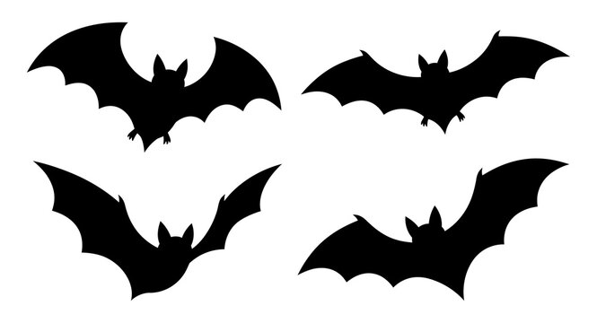 flying bat silhouettes set in different dynamic poses for halloween spooky night design vector illustration graphic art