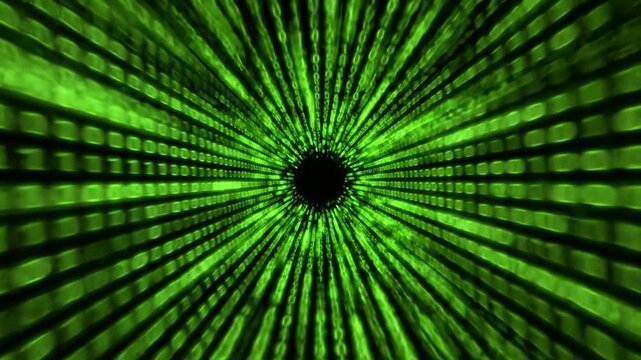 Digital binary code tunnel abstract background: high-speed data streaming, cyber security, and matrix-style technology visualization
