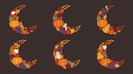 Obraz premium Autumn harvest crescent moon frames with seasonal vegetables and fall fruits