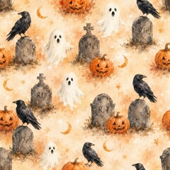 Naklejka premium Watercolor halloween seamless pattern with ravens, ghosts, pumpkins, gravestones, crescent moons, stars. spooky halloween background, autumn party decoration, holiday textile design