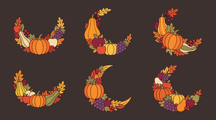Fototapeta premium Autumn harvest crescent moon arrangements featuring assorted pumpkins gourds and seasonal fruits