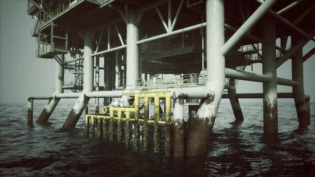 Wide lowangle view offshore platform, inspection vantage showing support columns and ladder, overcast sky and textured water, atmospheric grain evokes remote