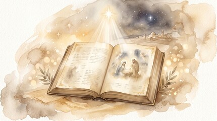 Fototapeta premium Open Bible with nativity scene beneath a radiant star and Bethlehem skyline. Christmas watercolor illustration symbolizing faith, scripture, prophecy and the birth of Jesus