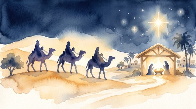 Christmas watercolor illustration of three wise men traveling by camel toward the nativity stable beneath the Star of Bethlehem. Religious holiday scene for greeting card and seasonal design
