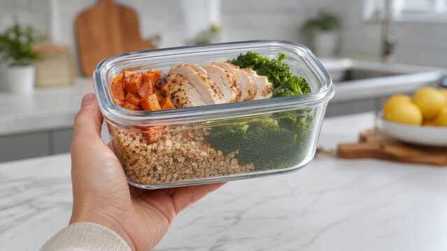 Healthy meal prep with chicken, quinoa, and vegetables in transparent container on kitchen countertop. concept of food storage, nutritious diet, organized cooking.
