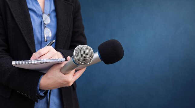 Reporter holding microphones and notepad on blue background