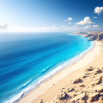 Tropical beach shoreline with turquoise ocean waves lapping pristine white sand under clear blue sky
