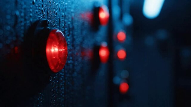 Industrial control panel with glowing red warning lights and rain droplets, cinematic dark technology background, for emergency or, alert concept