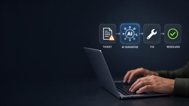 Autonomous AI agent orchestrating business tasks on a laptop screen, intelligent automation, workflow orchestration, task delegation, for website header