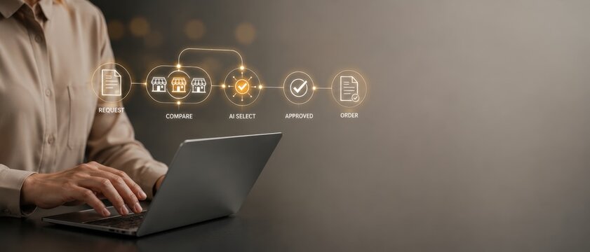 Autonomous AI agent orchestrating business tasks on a laptop screen, robotic process automation, no code automation, AI productivity, for SaaS marketing