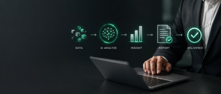 Hands typing on a laptop surrounded by agentic AI workflow icons, workflow orchestration, AI efficiency, automated decision making for corporate presentation