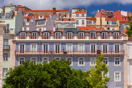 Colorful Residential Architecture in Alfama District of Lisbon, Portugal