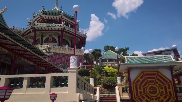 Cebu Taoist Temple - Pagoda and Stairs - Philippino Chinese Community Shrine Complex -  MS LS 4K UHD