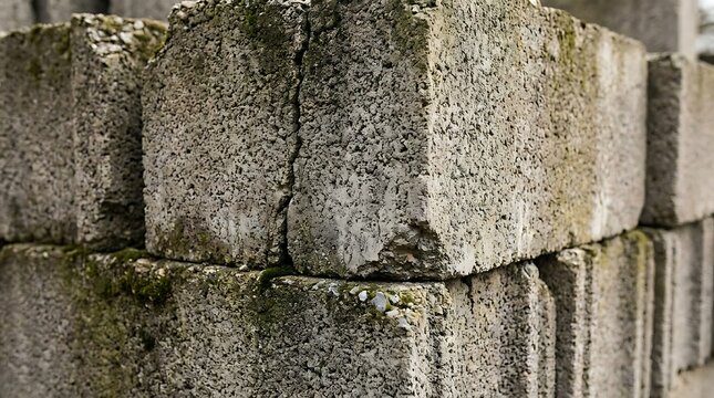 A close-up of aged flame-cinderblocks stacked outdoors showing weathered gray concrete texture with moss and cracks in an industrial construction setting