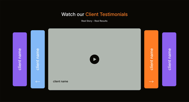 Dark mode client testimonials video slider UI layout vector illustration with preview screen, play button, and colorful navigation thumbnails.