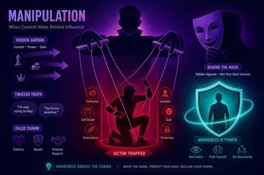 Psychological manipulation infographic illustration of emotional abuse and boundary protection