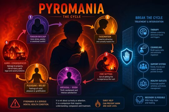 Pyromania impulse control disorder infographic illustration of fire setting compulsion cycle