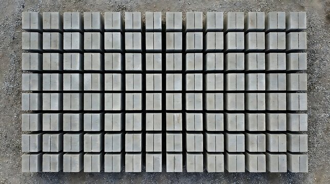 A top-down aerial view of a large organized collection of flame-cinderblocks arranged in a perfect grid pattern on a gravel surface at a construction site