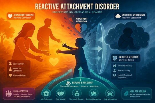Reactive attachment disorder RAD infographic illustration of childhood attachment disruption