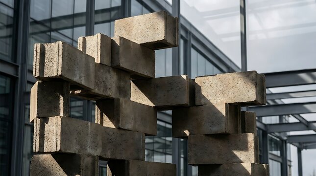 Abstract geometric sculpture made of stacked flame-cinderblocks against a modern glass and steel architectural background during a bright sunny day