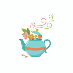 Fototapeta premium Teapot opening to reveal blooming flowers and swirling herbal steam illustrates natural organic tea infusions.