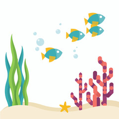Obraz premium Sea creatures and blue fish swimming over a sandy ocean floor.