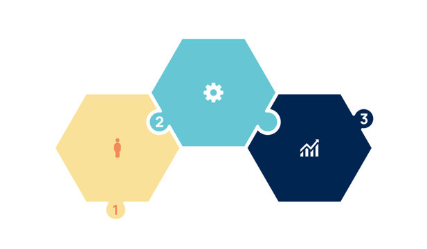 puzzle infographic chart template for business 3 step options, presentation with Hexagon jigsaw elements.