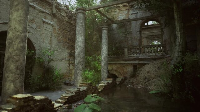 Mossy column bridge above still water with stepped walkway and dense greenery, calm reflection of ruined arches, muted green palette conveys quiet abandonment