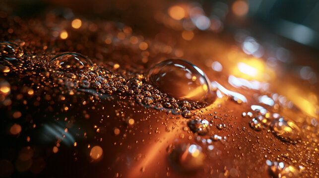 Macro Water Droplets on Warm Metallic Bronze Surface