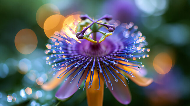 Blooming Passion Flower with Dewdrops and Golden Bokeh
